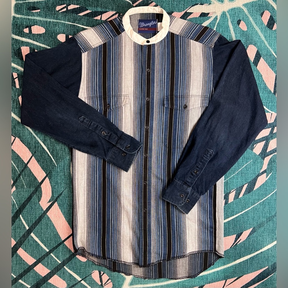 Vintage 90’s Wrangler Striped Denim Colorblock Banded Collar Western Button Down